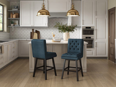 navy blue and dark brown Cushioned Bar Stools Set of 2 Leilani Collection lifestyle scene by CorLiving#color_dpt-blue