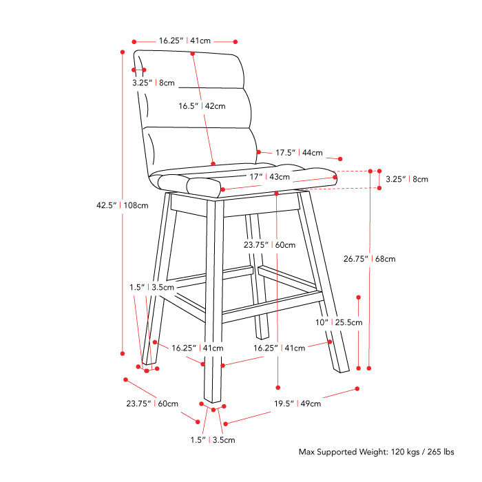 light grey and brown Wood Bar Stools Set of 2 Lilibet Collection measurements diagram by CorLiving