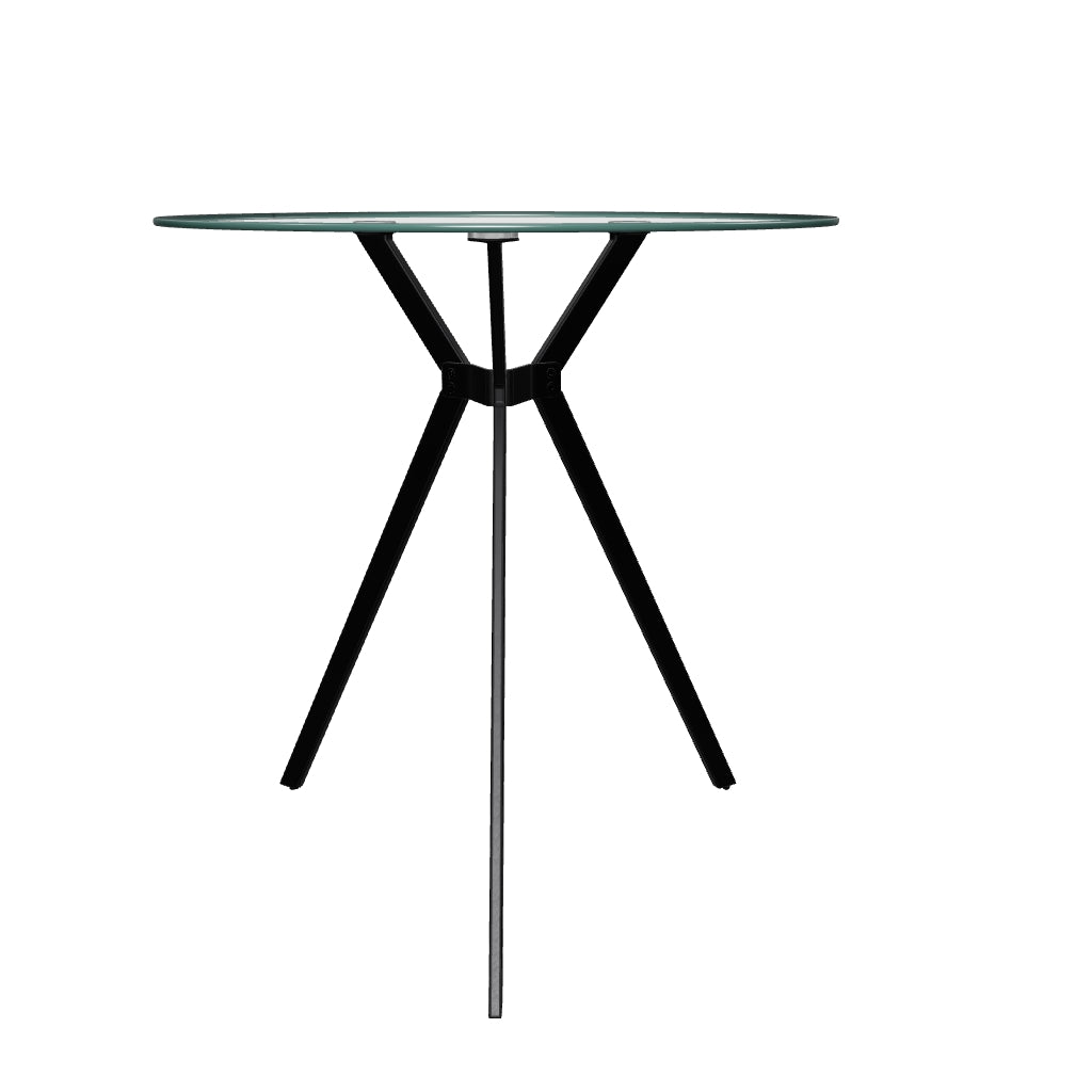 Round glass bistro dining table with sleek chrome legs, minimalist design, and modern aesthetic; perfect for small spaces and contemporary interiors.