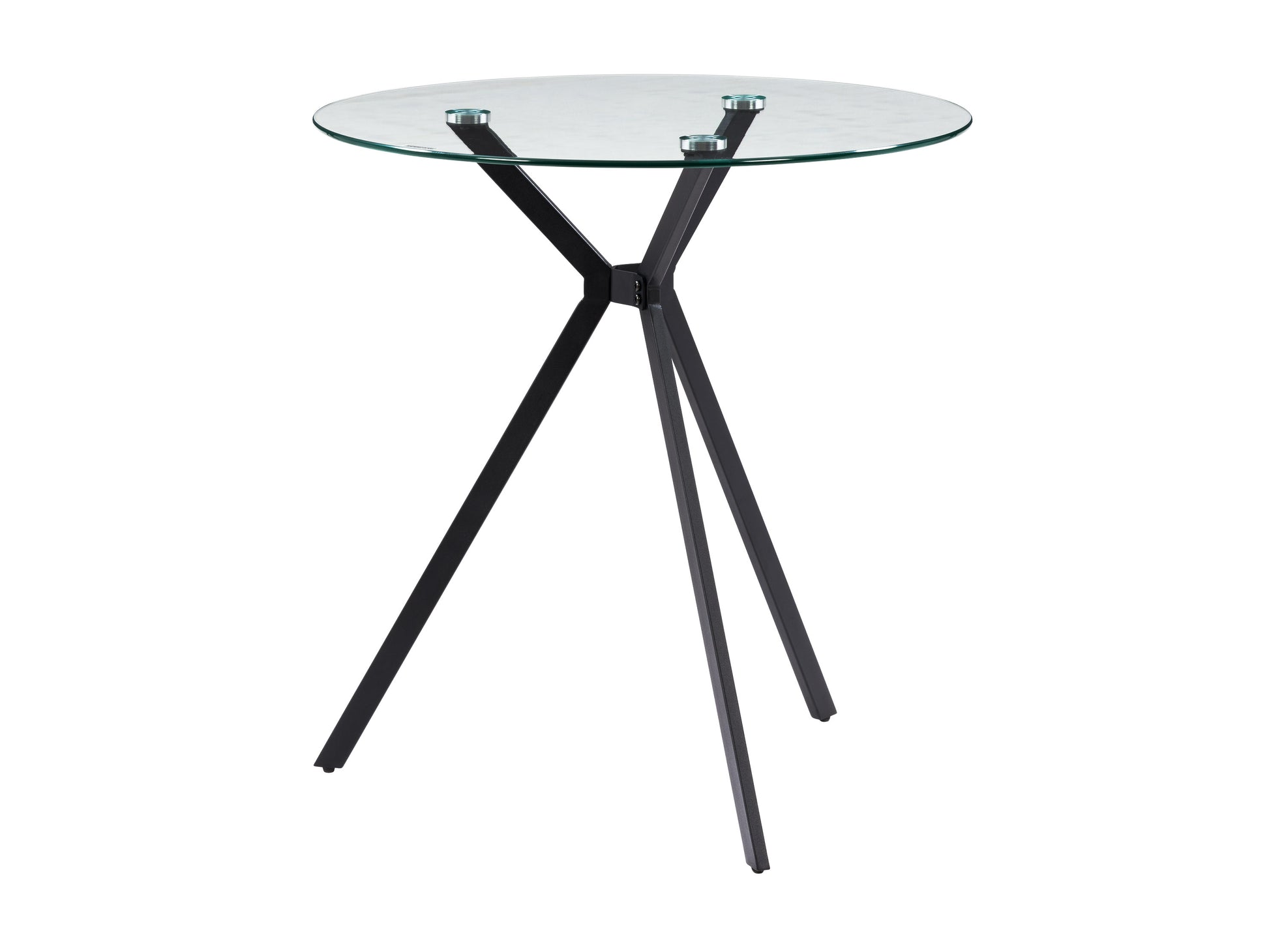 Modern glass bistro table with round clear glass top, sleek wooden legs, and minimalist design perfect for contemporary dining spaces