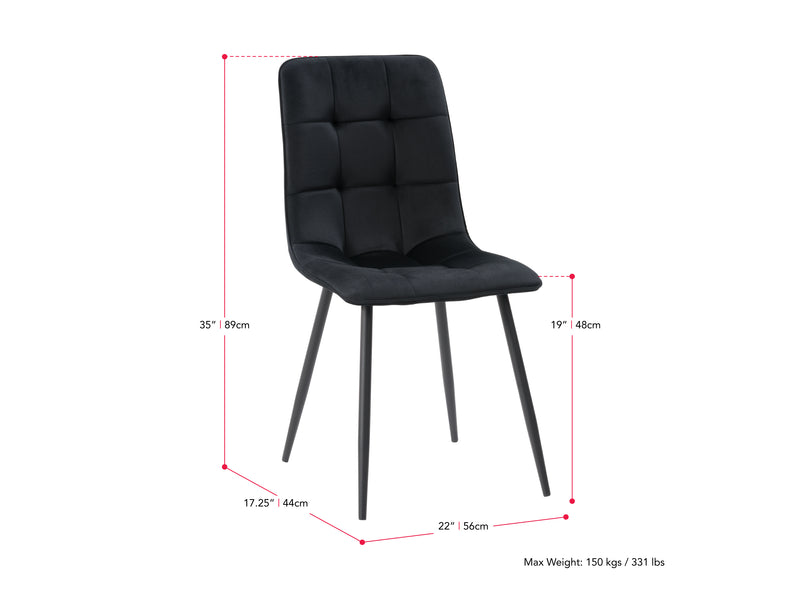 black Velvet Upholstered Dining Chairs, Set of 2 Nash Collection measurements diagram by CorLiving