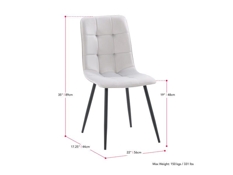 light grey Velvet Upholstered Dining Chairs, Set of 2 Nash Collection measurements diagram by CorLiving