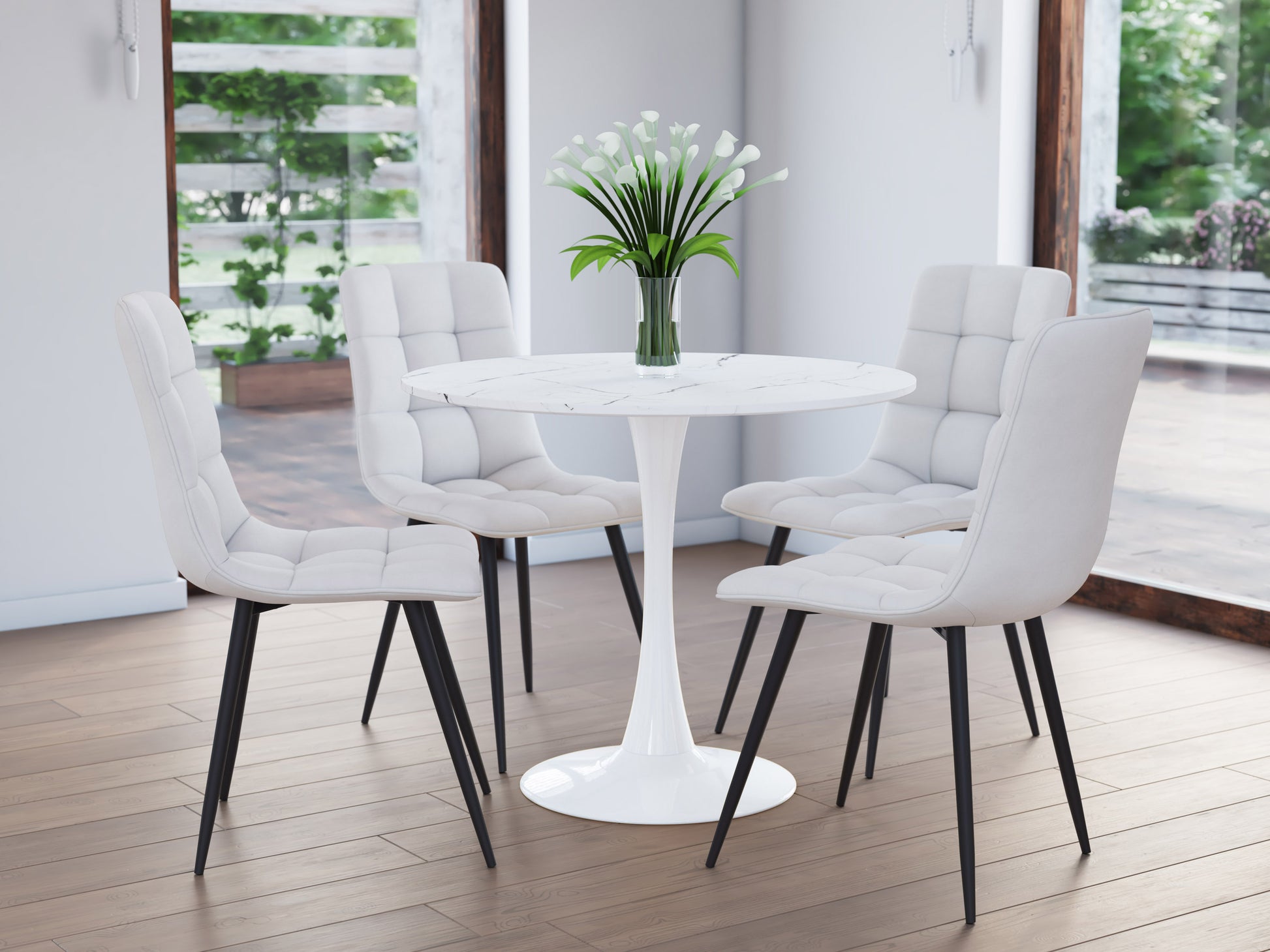 Round marbled bistro table with a 35-inch white and gray marble top, black metal pedestal base, and sleek modern design, perfect for small dining spaces or cafes.