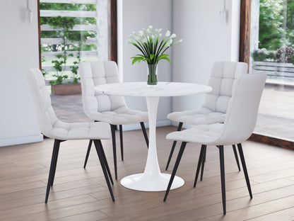Round marbled bistro table with a 35-inch white and gray marble top, black metal pedestal base, and sleek modern design, perfect for small dining spaces or cafes.