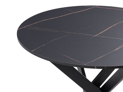 Modern rectangular dining table with natural wood finish, sleek black metal legs, and a minimalist design, perfect for contemporary dining rooms or kitchens.