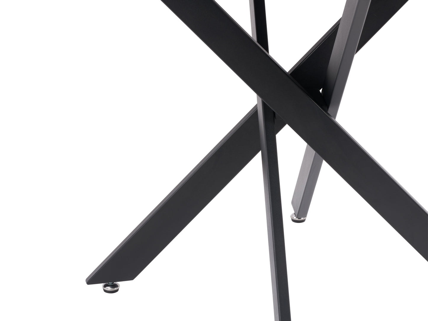 Modern dark wood dining table with sleek black metal legs, rectangular shape, and smooth finish, suitable for contemporary dining rooms.