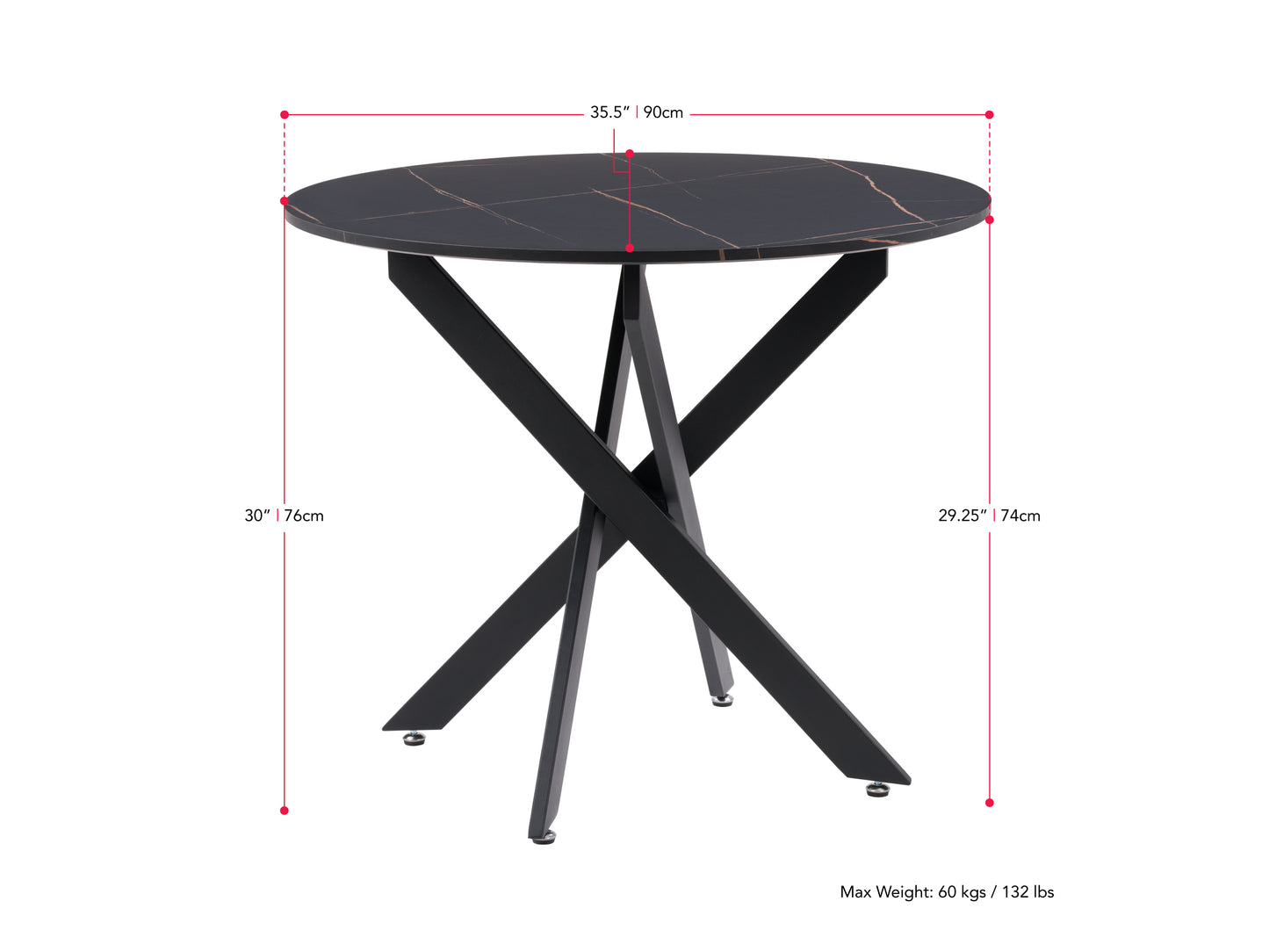 Black round dining table with sleek metal legs, featuring a smooth, matte black finish and modern design, ideal for contemporary dining rooms or kitchens.