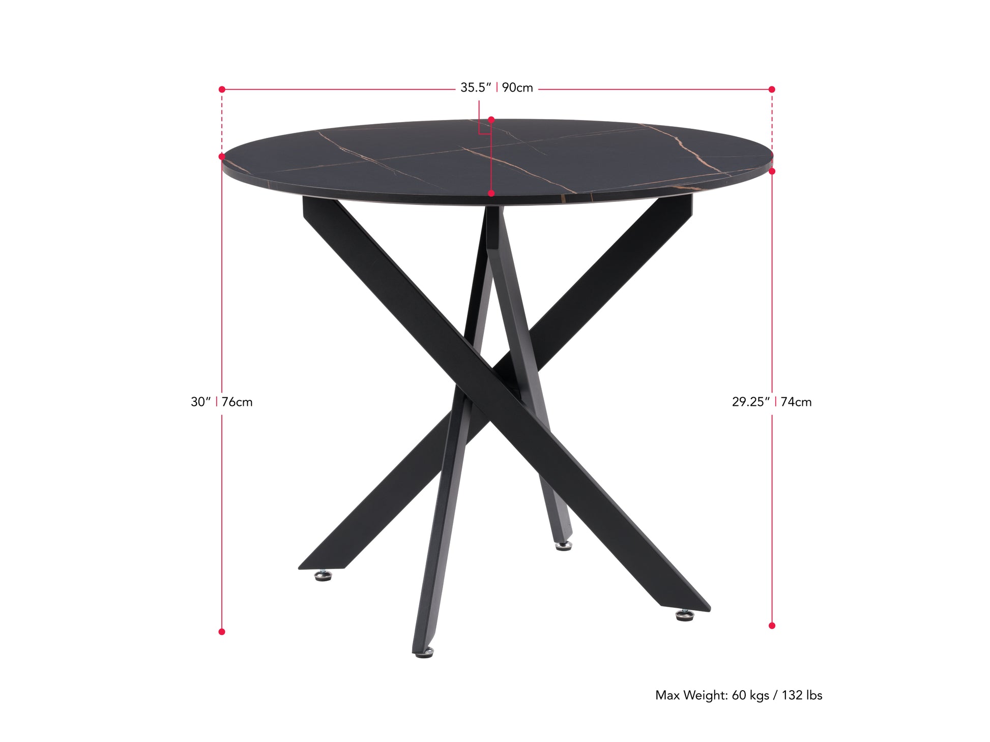 Black round dining table with sleek metal legs, featuring a smooth, matte black finish and modern design, ideal for contemporary dining rooms or kitchens.