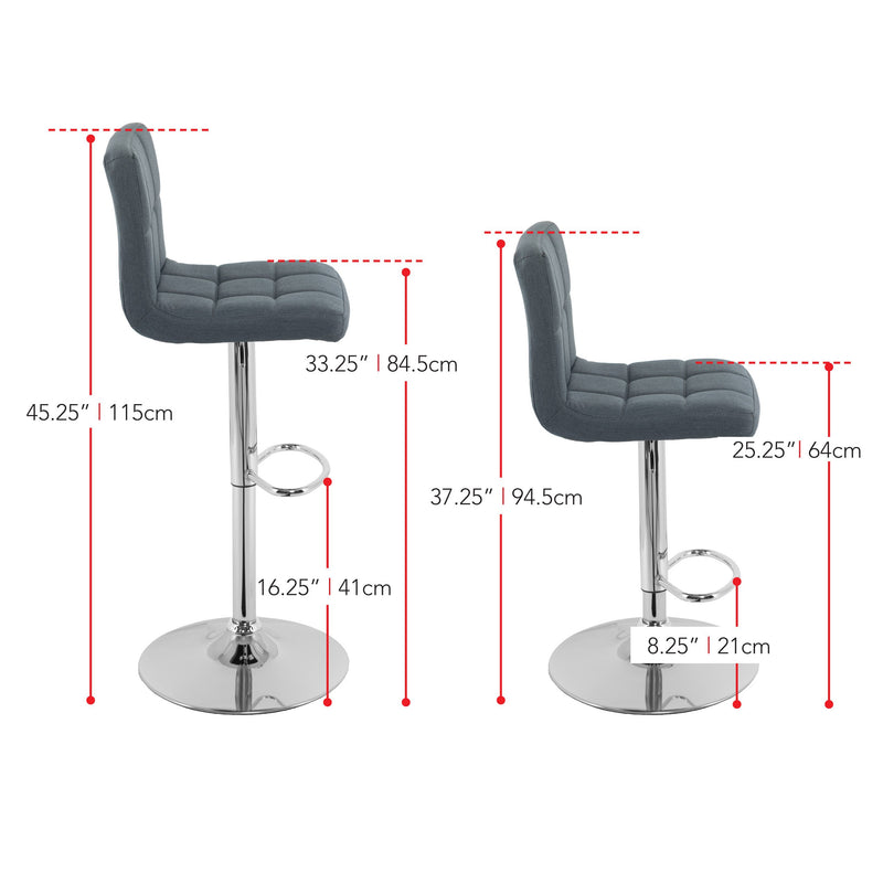 blue grey Adjustable Height Bar Stools Set of 2 CorLiving Collection measurements diagram by CorLiving