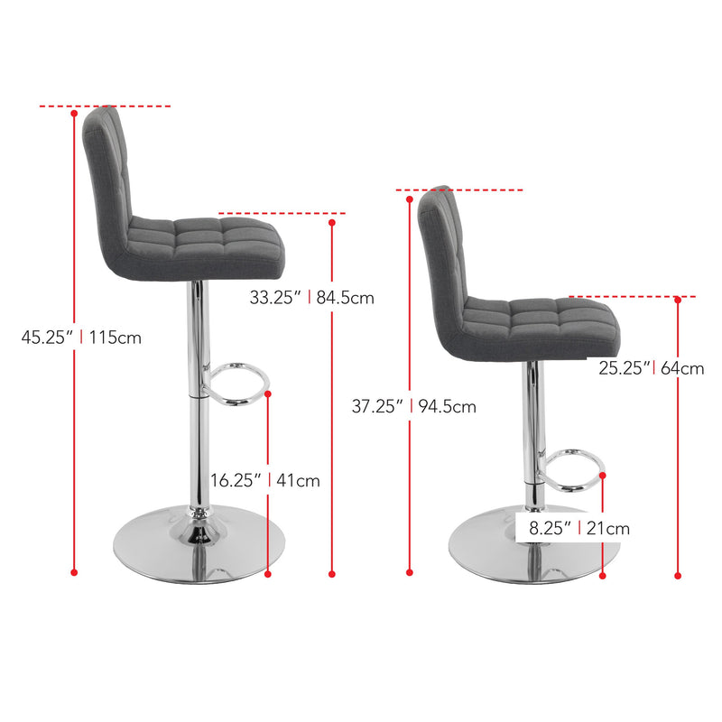 grey Adjustable Height Bar Stools Set of 2 CorLiving Collection measurements diagram by CorLiving