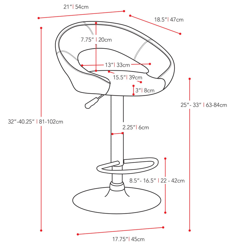 medium grey Adjustable Bar Stool Set of 2 CorLiving Collection measurements diagram by CorLiving