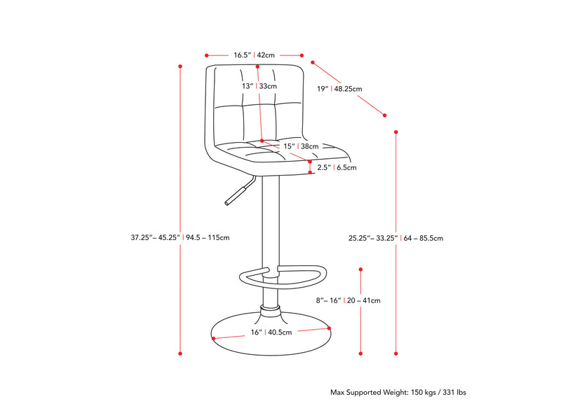 brown Brown Bar Stools Set of 2 Zion Collection measurements diagram by CorLiving