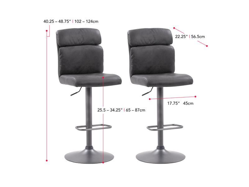 black Swivel Bar Stools Set of 2 Sawyer Collection measurements diagram by CorLiving