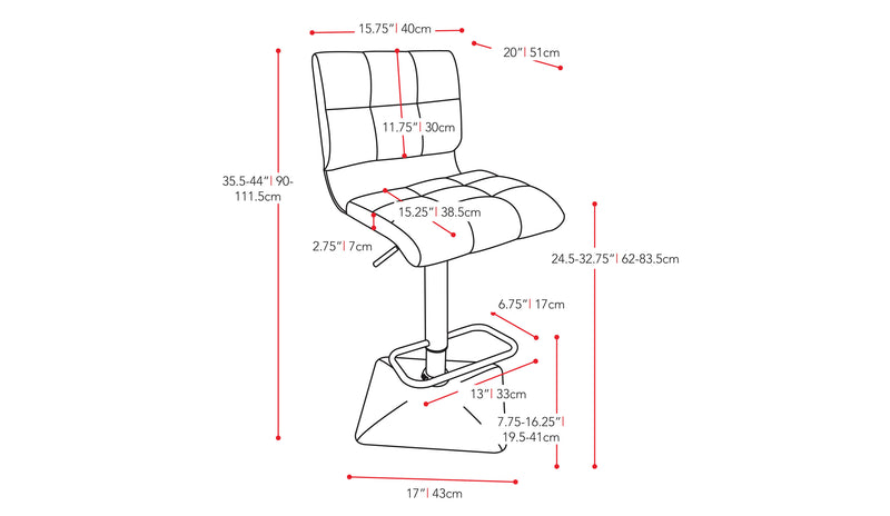 black Tufted Bar Stools Set of 2 Hudson Collection measurements diagram by CorLiving