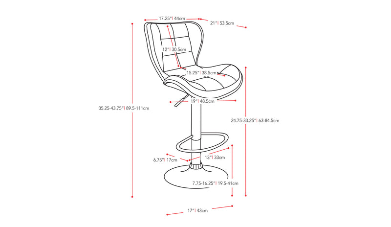 red Bar Stools with Backs Set of 2 Remi Collection measurements diagram by CorLiving