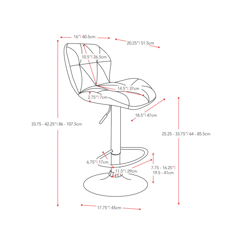 red Bar Stools with Backs Set of 2 Mateo Collection measurements diagram by CorLiving