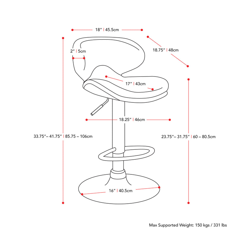 red Bar Stools with Backs Set of 2 Marcus Collection measurements diagram by CorLiving