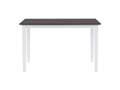 Grey and white dining set with rectangular table and four chairs. Table features a sleek grey top and sturdy white legs; chairs have white frames with grey cushioned seats and backs. Perfect for modern dining rooms.