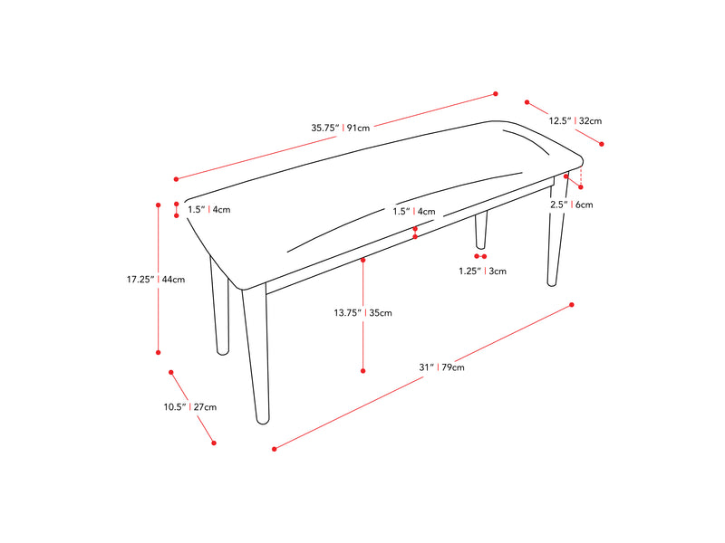 brown Mid Century Bench Branson Collection measurements diagram by CorLiving