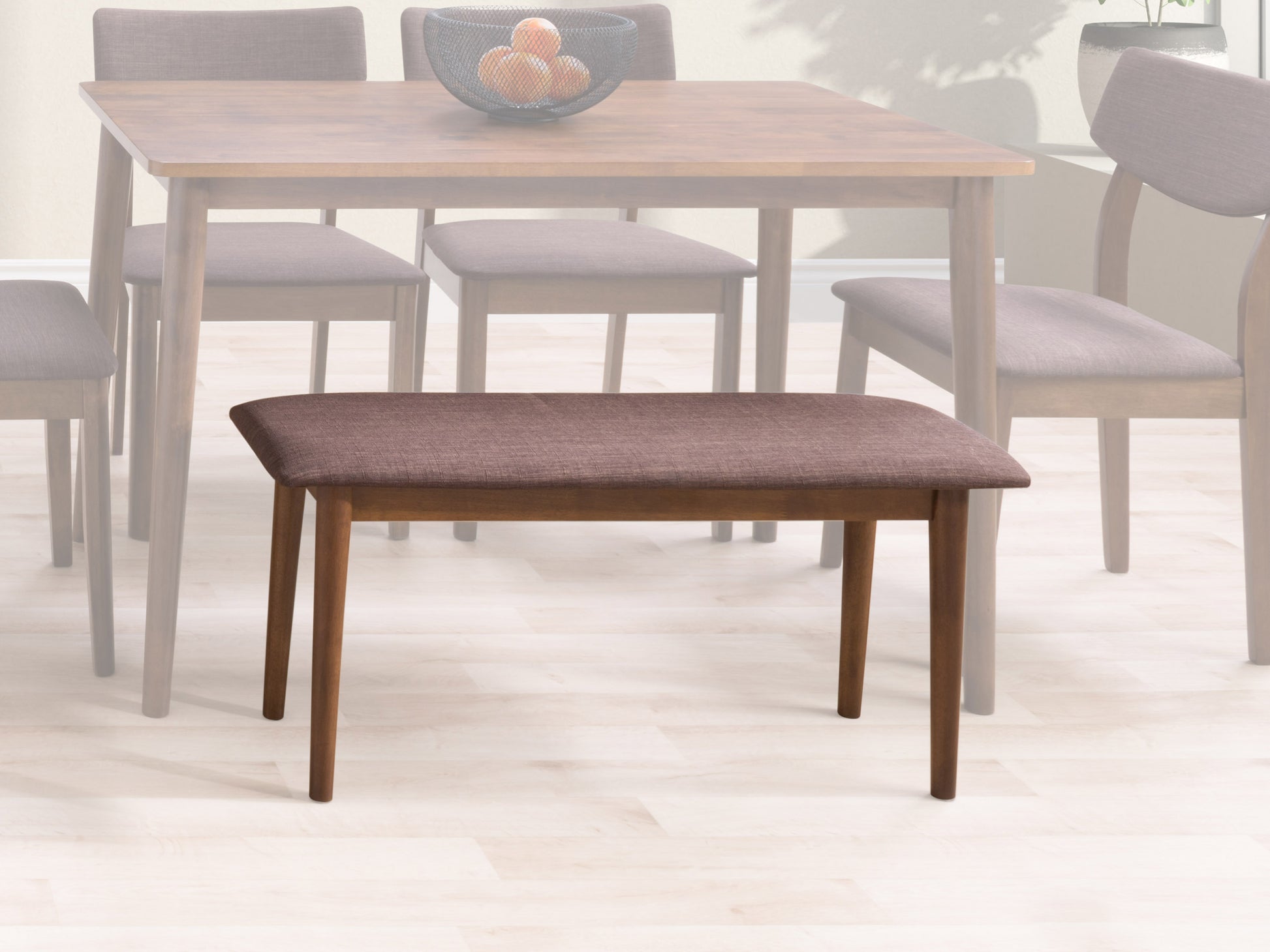Mid-century modern dining bench with walnut wood frame, gray upholstered seat, and sleek design, perfect for contemporary dining rooms or entryways.