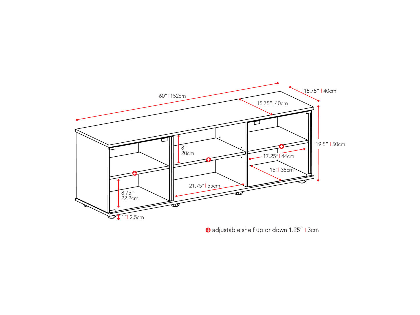 Modern black and walnut TV stand with sleek metal legs, two open shelves, and two sliding doors for storage, perfect for contemporary living rooms.