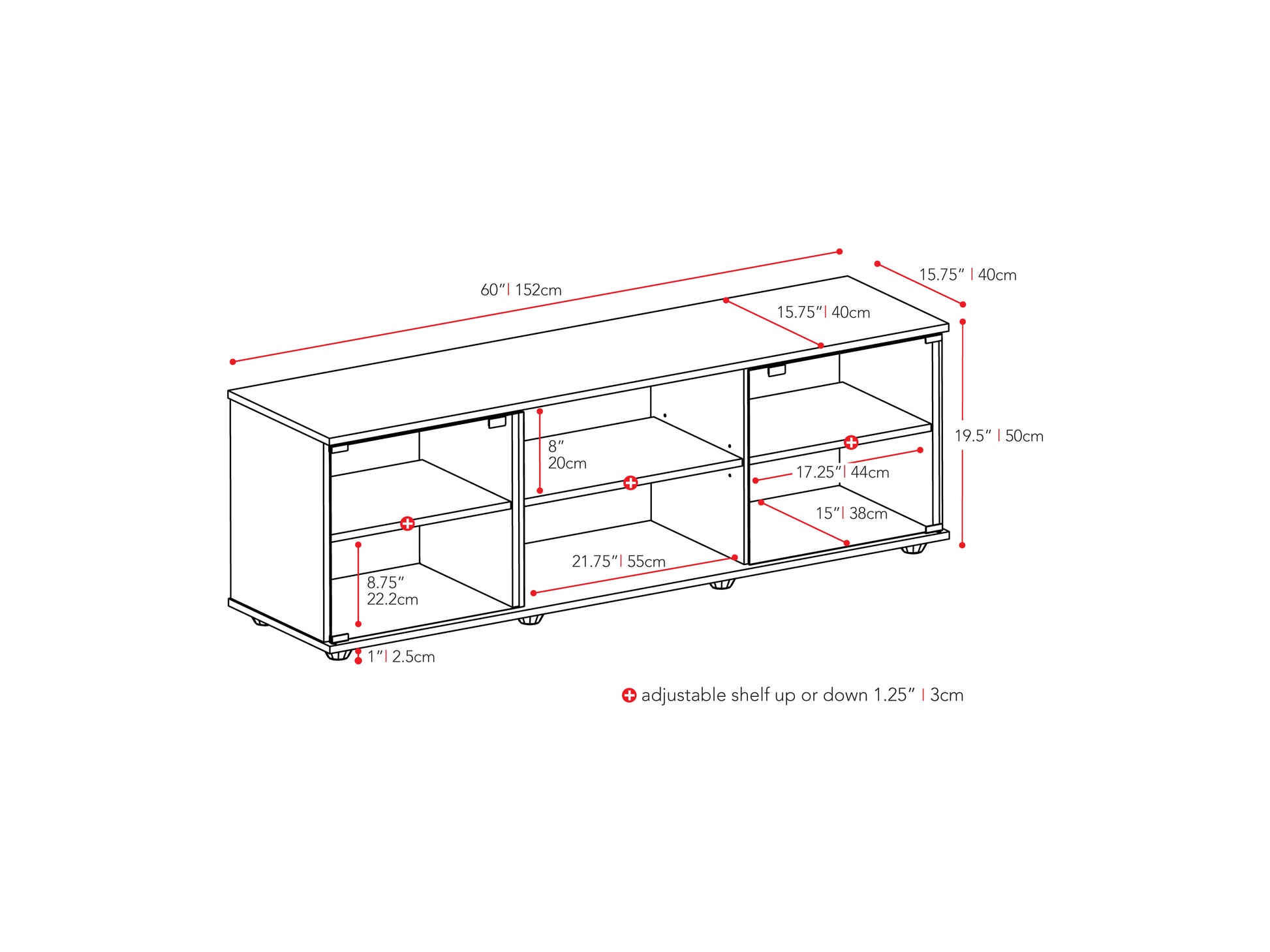 Modern black and walnut TV stand with sleek metal legs, two open shelves, and two sliding doors for storage, perfect for contemporary living rooms.
