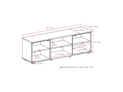 Modern black and walnut TV stand with sleek metal legs, two open shelves, and two sliding doors for storage, perfect for contemporary living rooms.