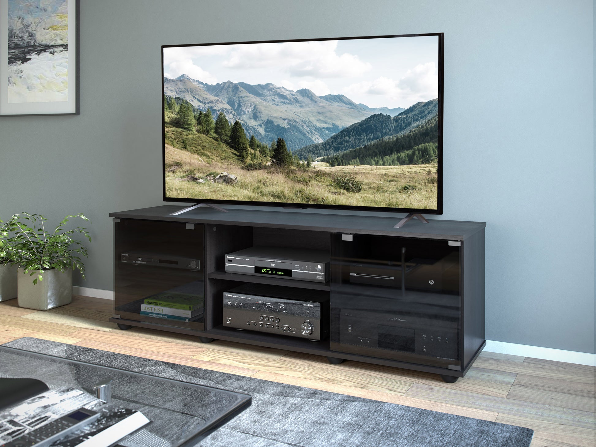 Modern TV stand with sleek white finish, natural wood accents, and open shelving. Features minimalist design, ample storage space, and cable management system. Perfect for contemporary living rooms.