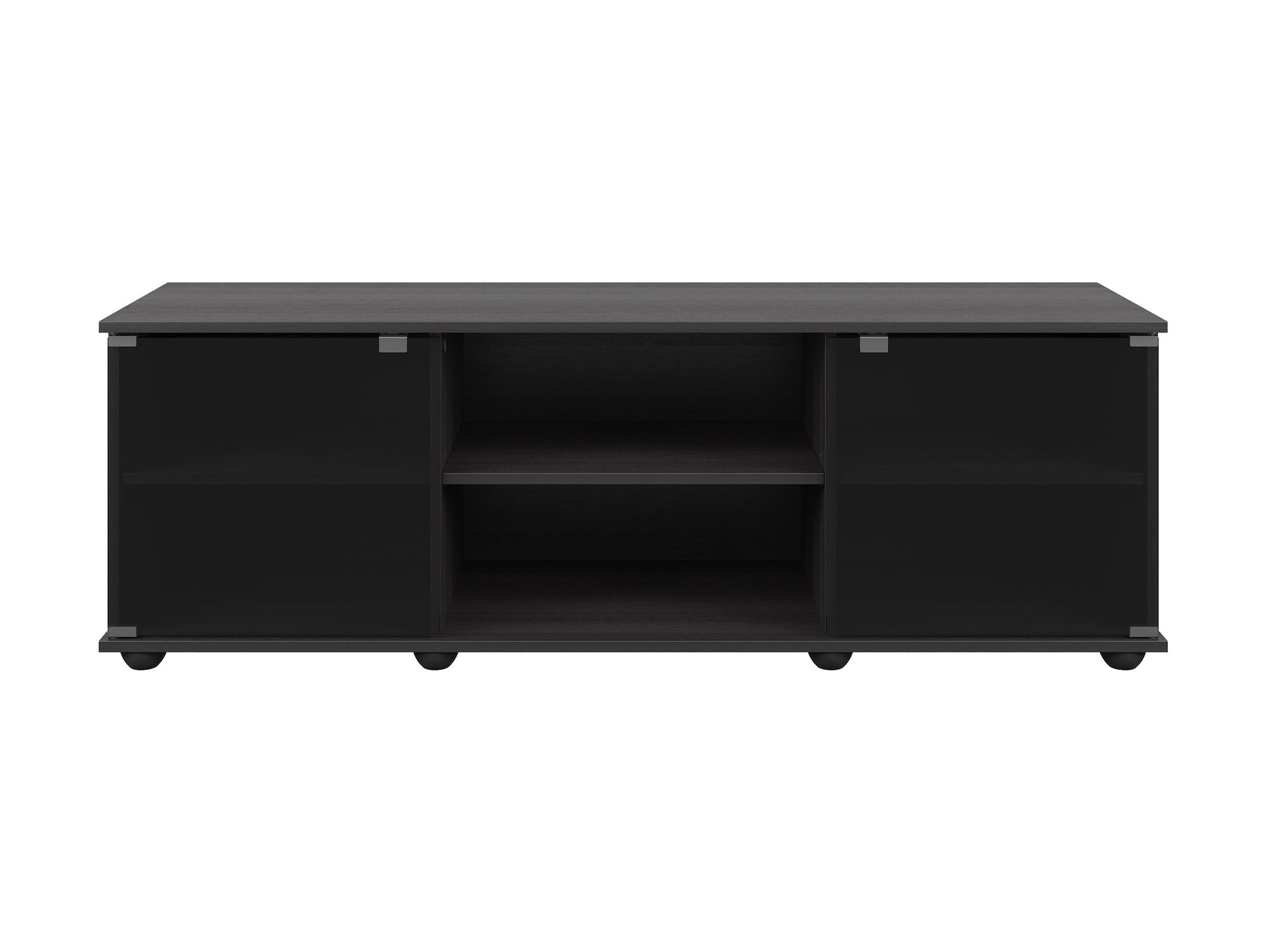 Modern TV stand with a sleek black finish, featuring open shelving and a central cabinet with a glass door, perfect for contemporary living rooms.