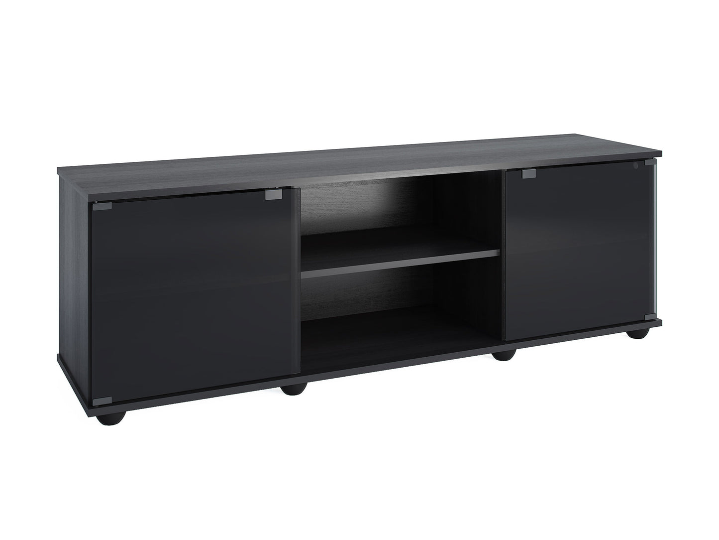 Modern TV stand with glass doors, fits TVs up to 75 inches, featuring sleek black finish, sturdy wooden construction, and adjustable shelving for versatile storage.