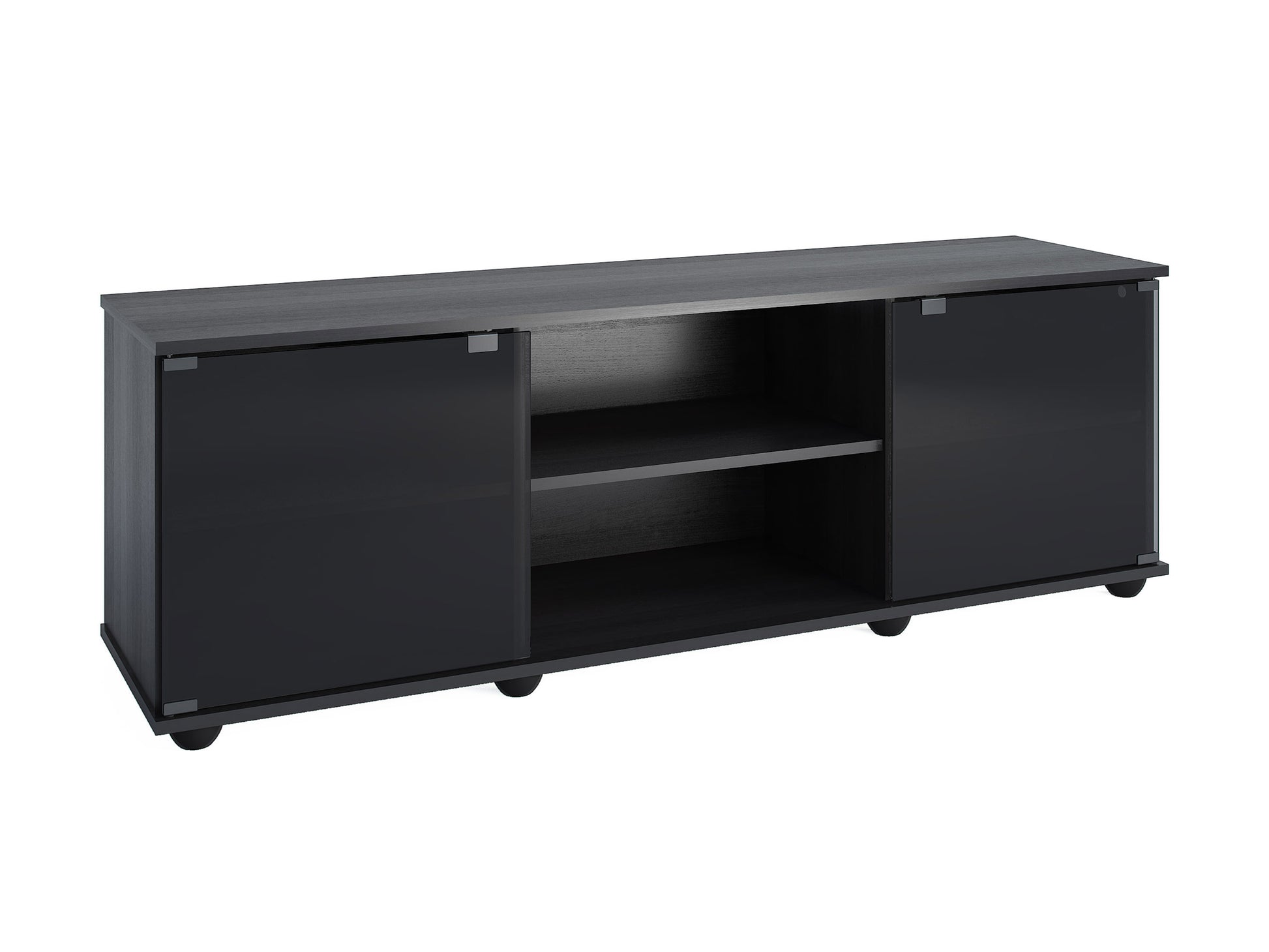 Modern TV stand with glass doors, fits TVs up to 75 inches, featuring sleek black finish, sturdy wooden construction, and adjustable shelving for versatile storage.