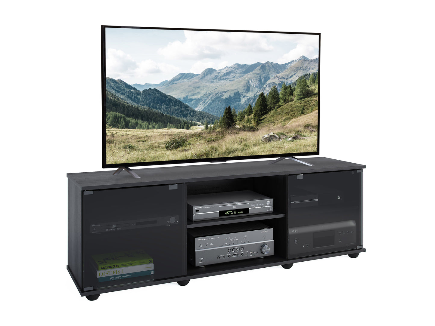 Rustic wooden TV stand with a natural finish, featuring open shelving, two sliding barn doors, and black metal hardware, ideal for farmhouse-style living rooms.