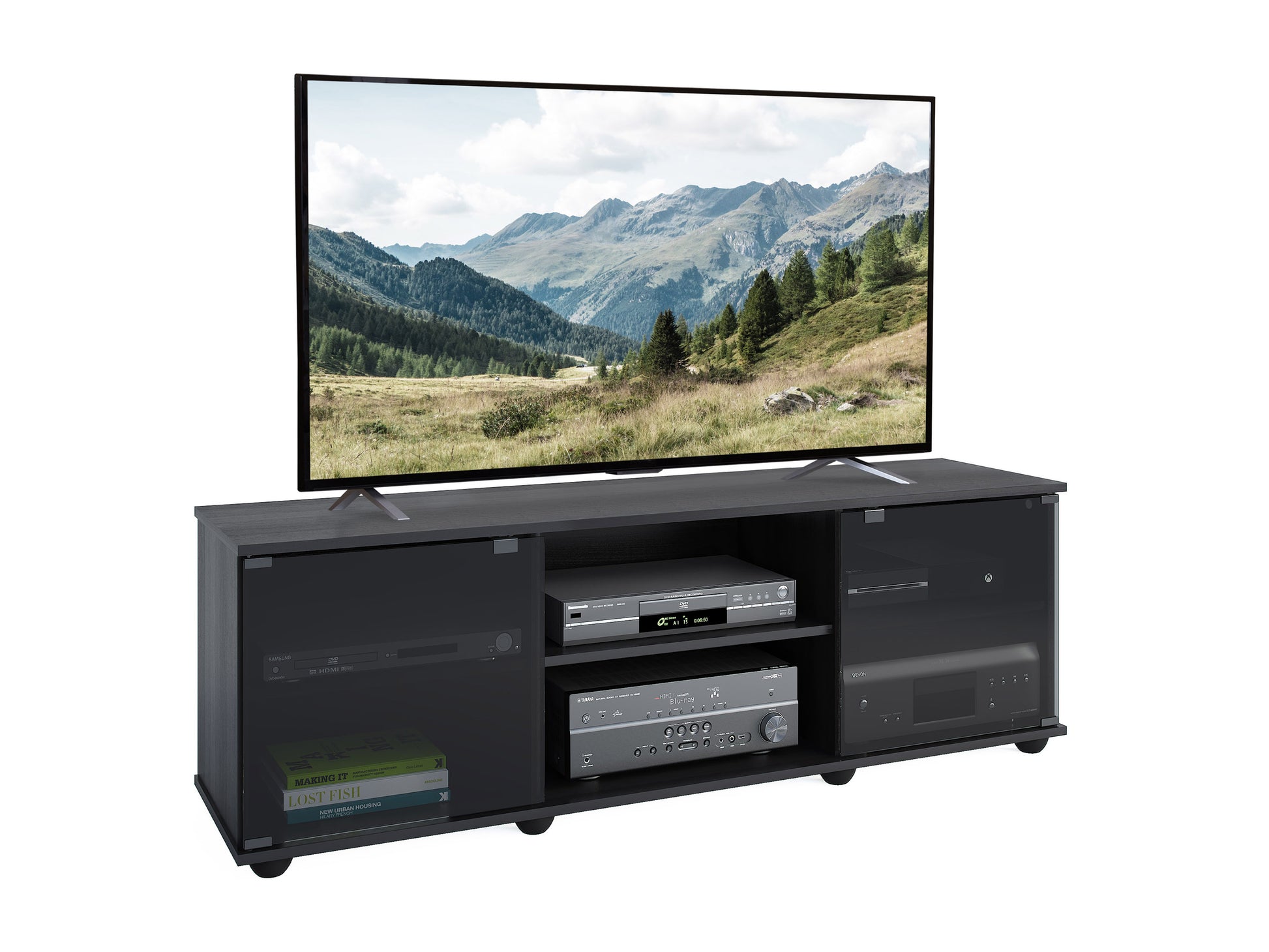 Rustic wooden TV stand with a natural finish, featuring open shelving, two sliding barn doors, and black metal hardware, ideal for farmhouse-style living rooms.