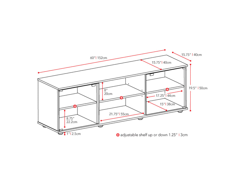 maple Wood TV Stand for TVs up to 75" Fiji Collection measurements diagram by CorLiving