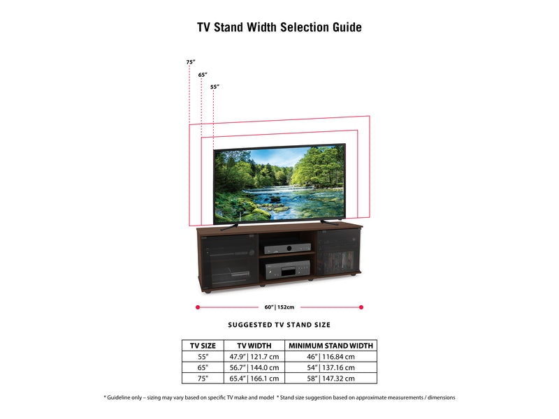 maple Wood TV Stand for TVs up to 75" Fiji Collection infographic by CorLiving
