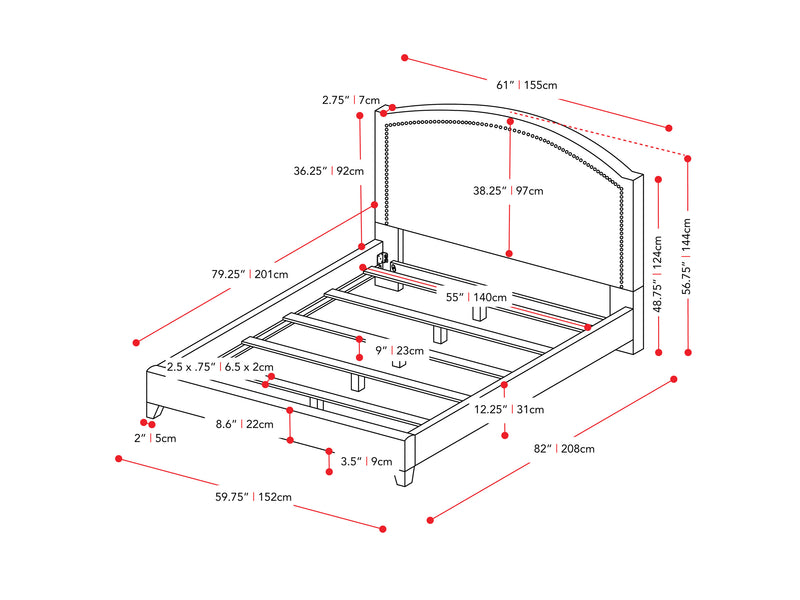 dark grey Upholstered Double / Full Bed Florence Collection measurements diagram by CorLiving