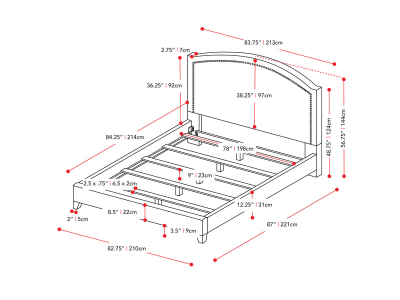 navy blue Upholstered King Bed Florence Collection measurements diagram by CorLiving