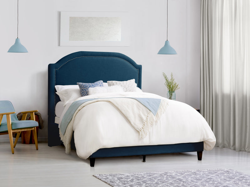 navy blue Upholstered Queen Bed Florence Collection lifestyle scene by CorLiving