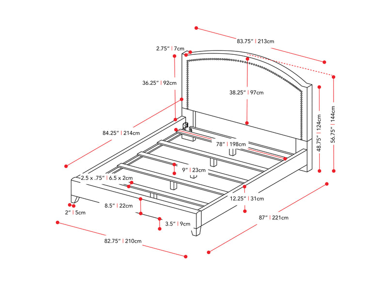 grey Upholstered King Bed Florence Collection measurements diagram by CorLiving