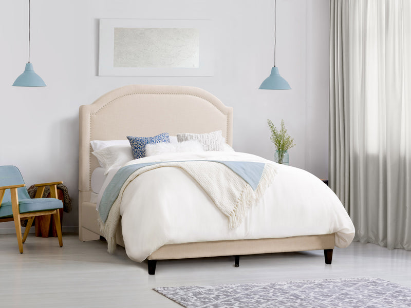 cream Upholstered Queen Bed Florence Collection lifestyle scene by CorLiving