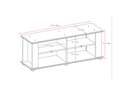 Black wooden TV stand with sleek design, open shelving, and two storage cabinets, suitable for TVs up to 55 inches, perfect for modern living rooms.