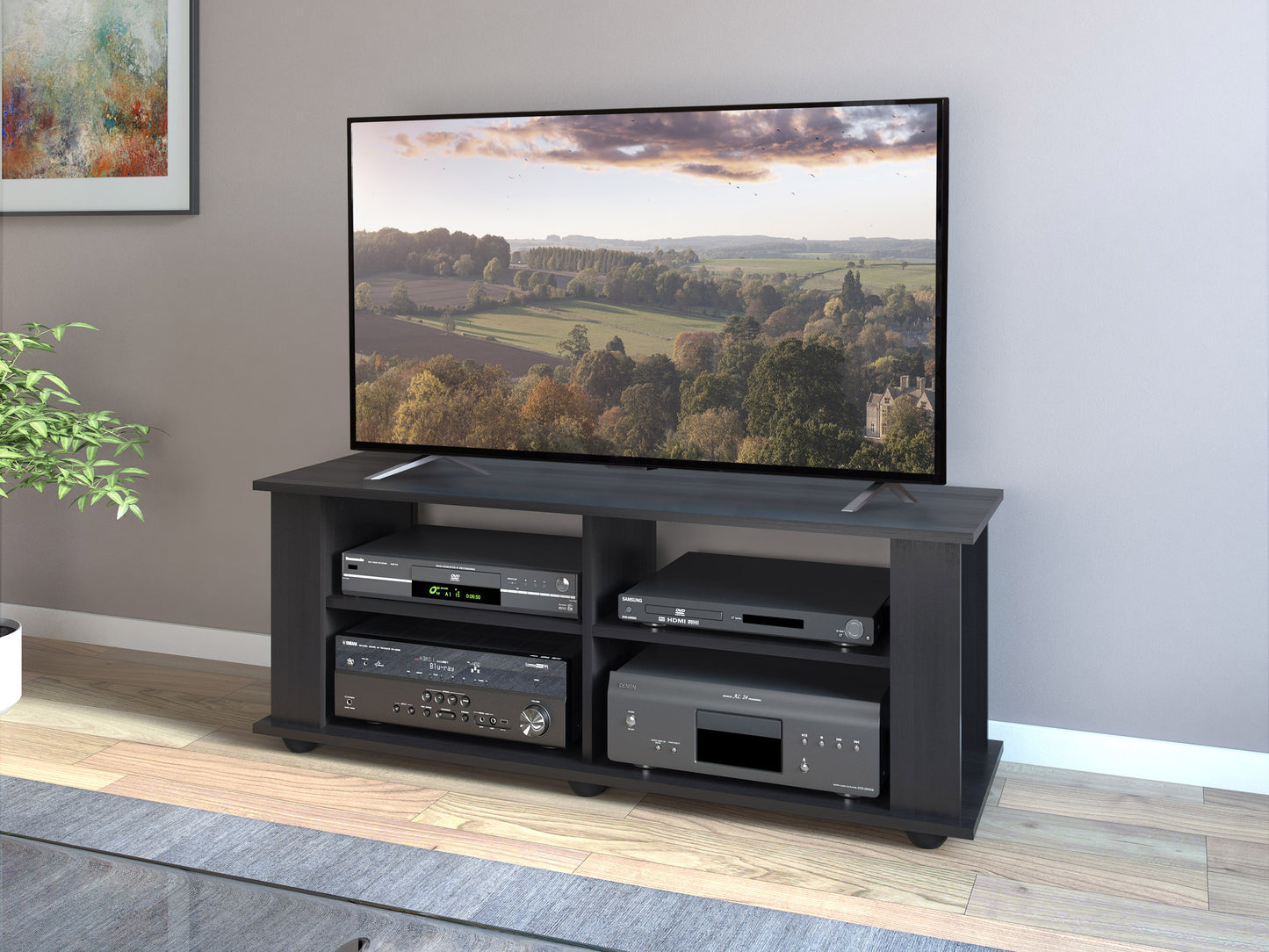 Black wooden TV stand with sleek modern design, featuring two open shelves and two cabinets with silver handles, suitable for TVs up to 55 inches, perfect for contemporary living rooms.