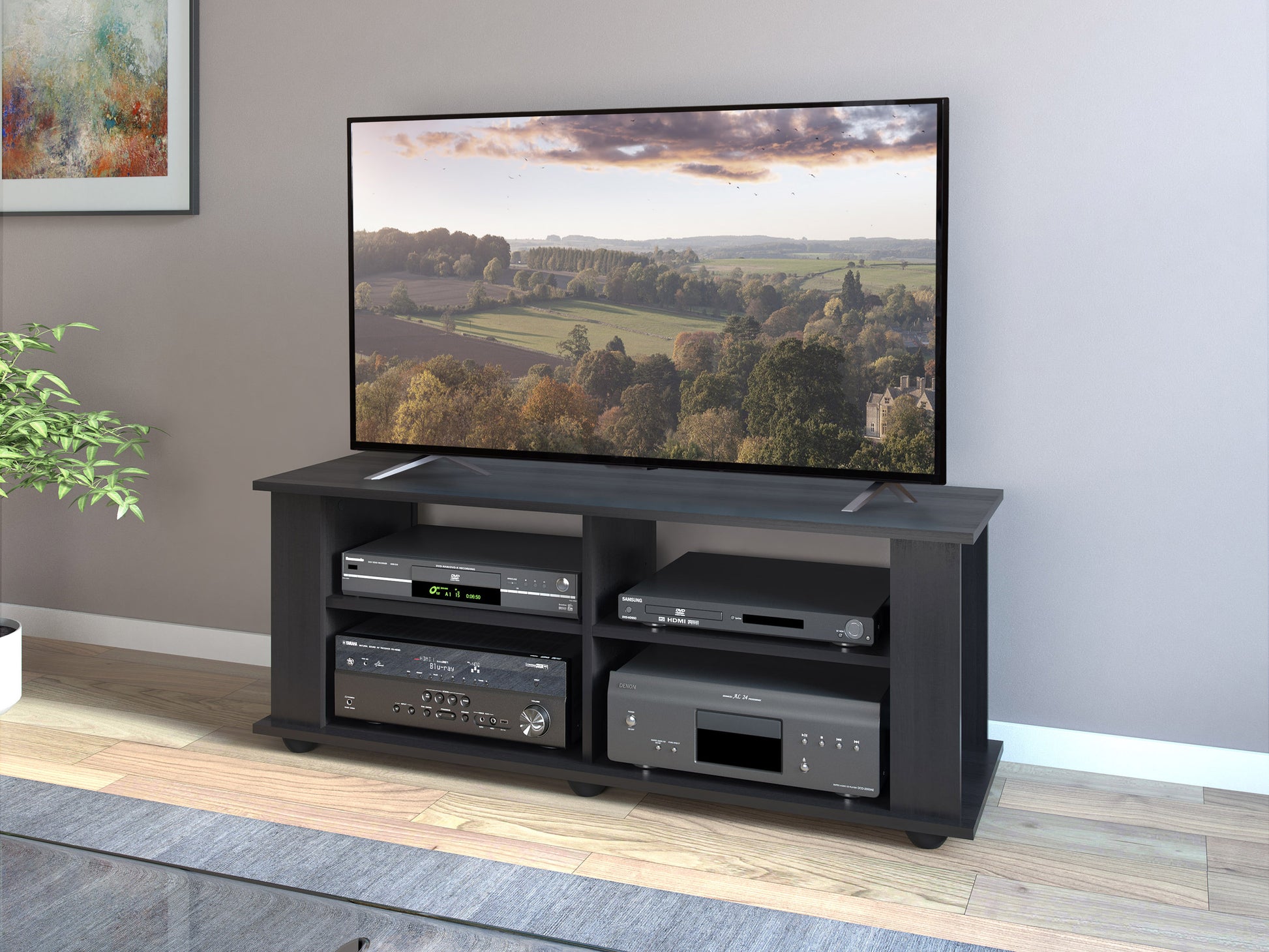 Black wooden TV stand with sleek modern design, featuring two open shelves and two cabinets with silver handles, suitable for TVs up to 55 inches, perfect for contemporary living rooms.