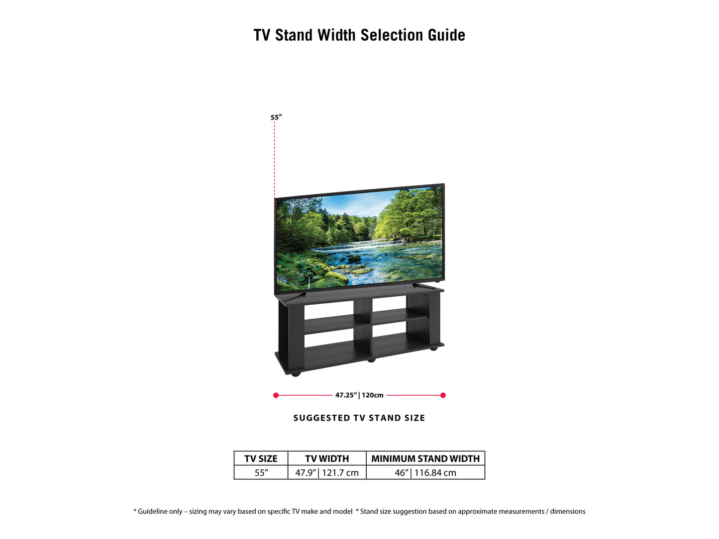 Black wooden TV stand for TVs up to 55 inches, featuring a sleek modern design with open shelving, two storage cabinets, and a smooth matte finish. Ideal for contemporary living rooms.
