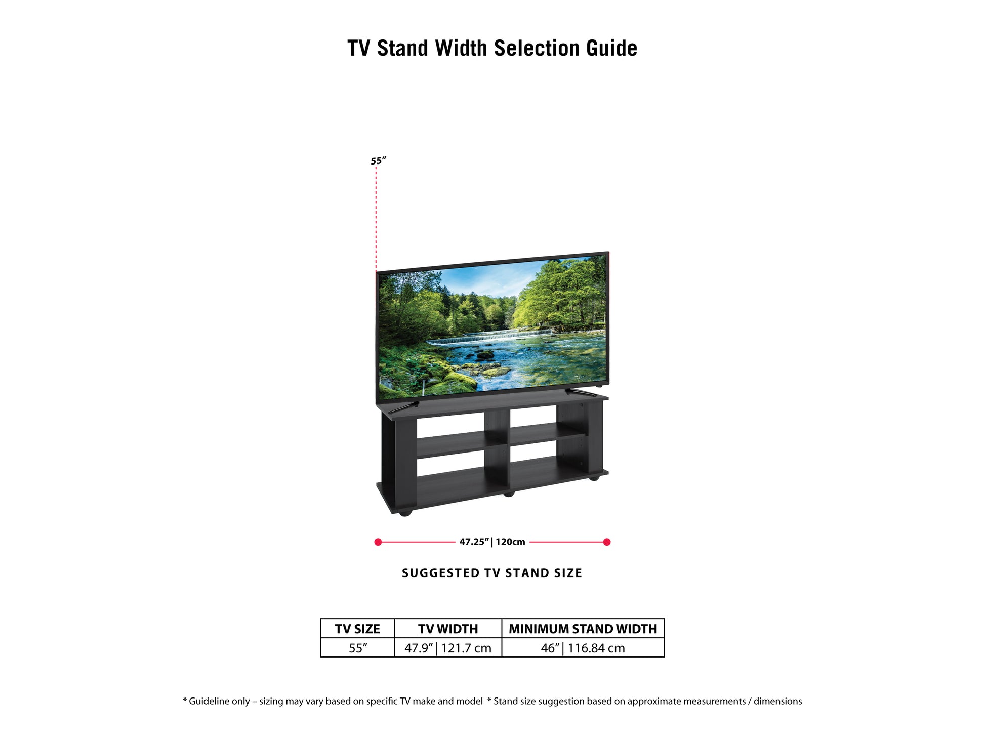 Black wooden TV stand for TVs up to 55 inches, featuring a sleek modern design with open shelving, two storage cabinets, and a smooth matte finish. Ideal for contemporary living rooms.