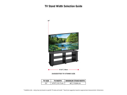 Black wooden TV stand for TVs up to 55 inches, featuring a sleek modern design with open shelving, two storage cabinets, and a smooth matte finish. Ideal for contemporary living rooms.