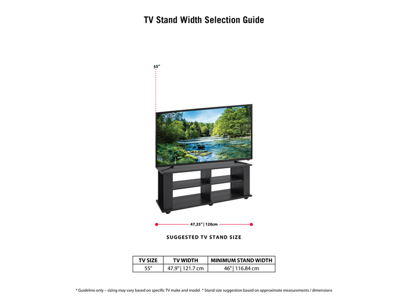 Black Wooden TV Stand for TVs up to 55" Fillmore Collection infographic by CorLiving