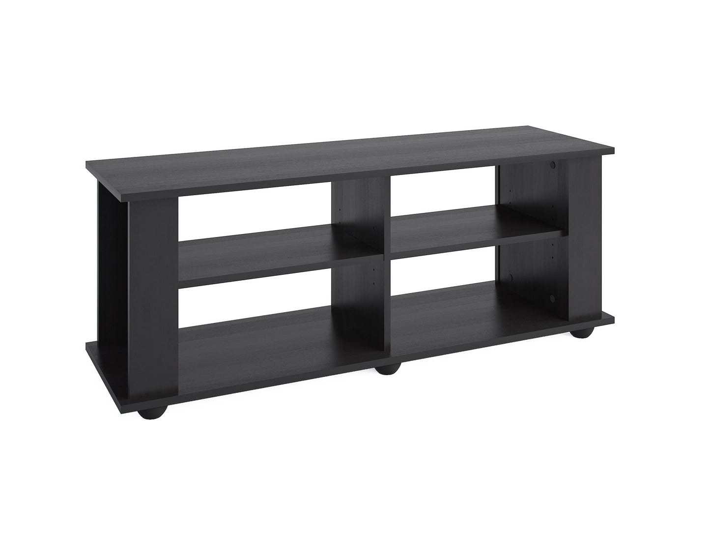 Black wooden TV stand with sleek modern design, open shelves, and two cabinets for storage, suitable for TVs up to 55 inches.