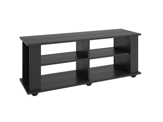 Black wooden TV stand with sleek modern design, open shelves, and two cabinets for storage, suitable for TVs up to 55 inches.