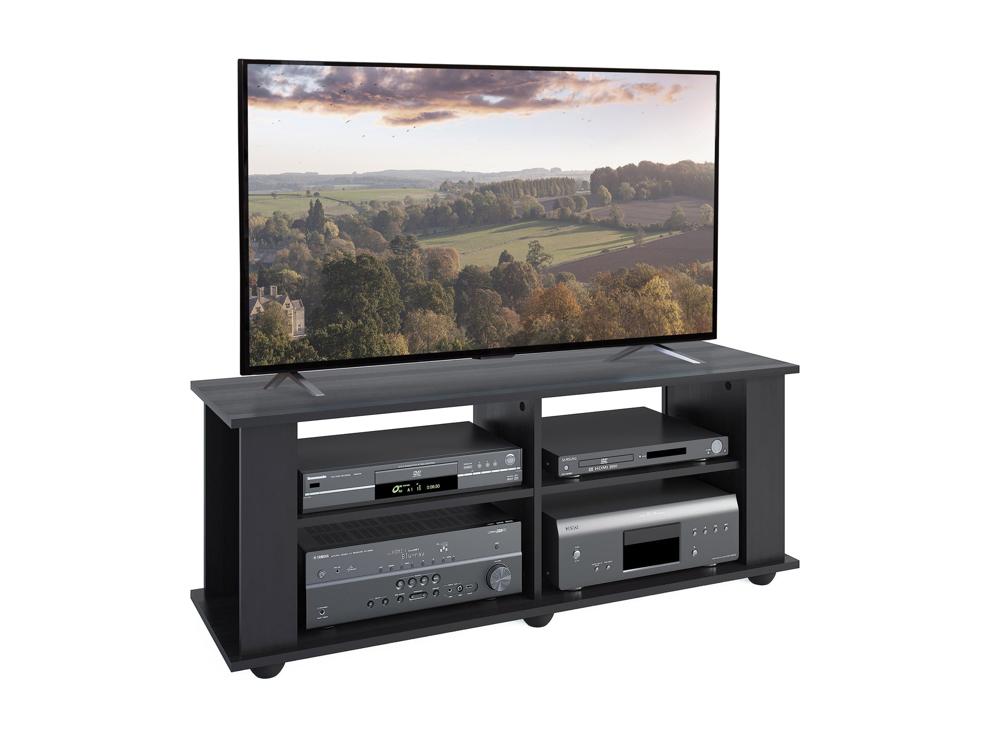 Black wooden TV stand with a sleek finish, featuring two open shelves and two cabinets with silver handles, suitable for TVs up to 55 inches. Modern design with ample storage space for electronics and decor.